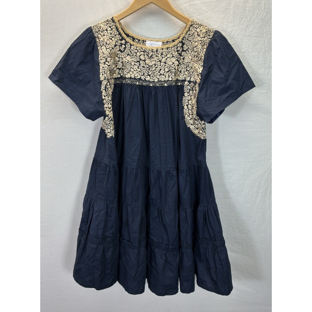 Mi Golondrina Navy Blue/ Gold Embroidered Tiered short slv midi dress LG